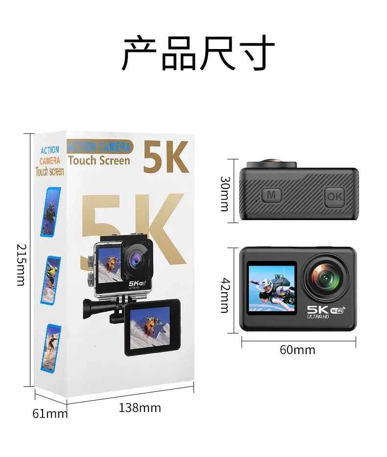 2024 Hot Action Camera 5K 30FPS WiFi Anti-shake Dual Screen 30m Waterproof Sport Camera Suit for Travel Trip