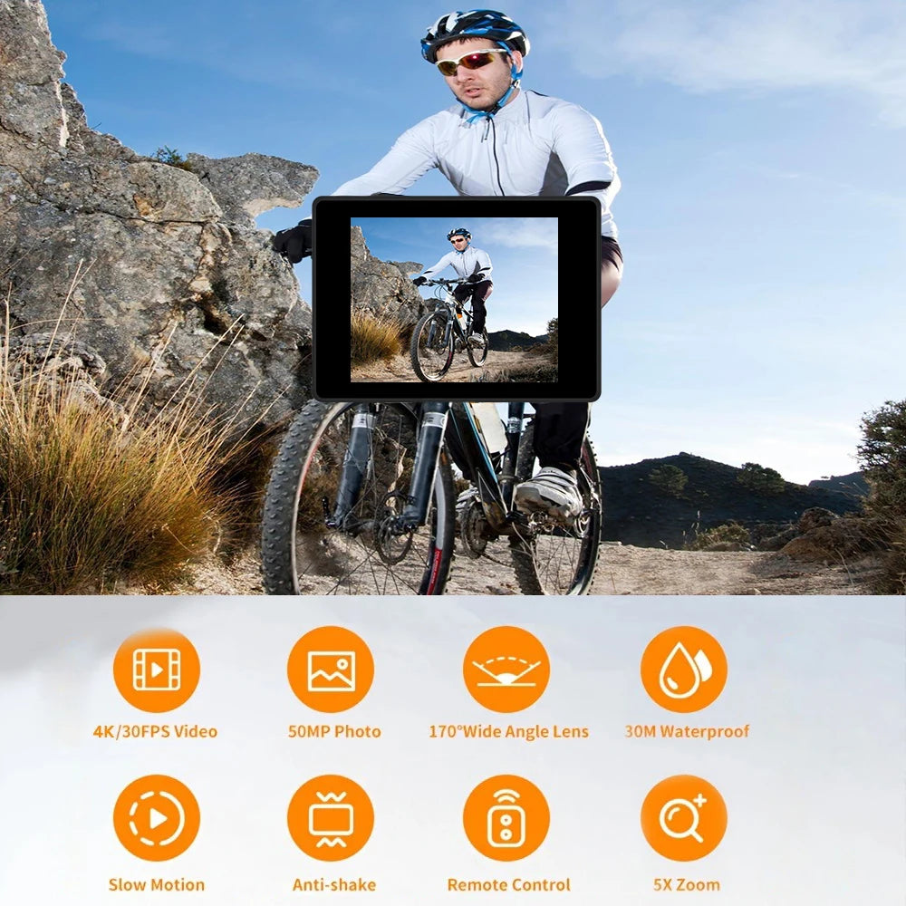 Action Camera 4K WiFi 2.0 Inch  Video Recording 30M Waterproof Bicycle Motorcycles Touch Screen 140° Wide Angle Sports Cameras