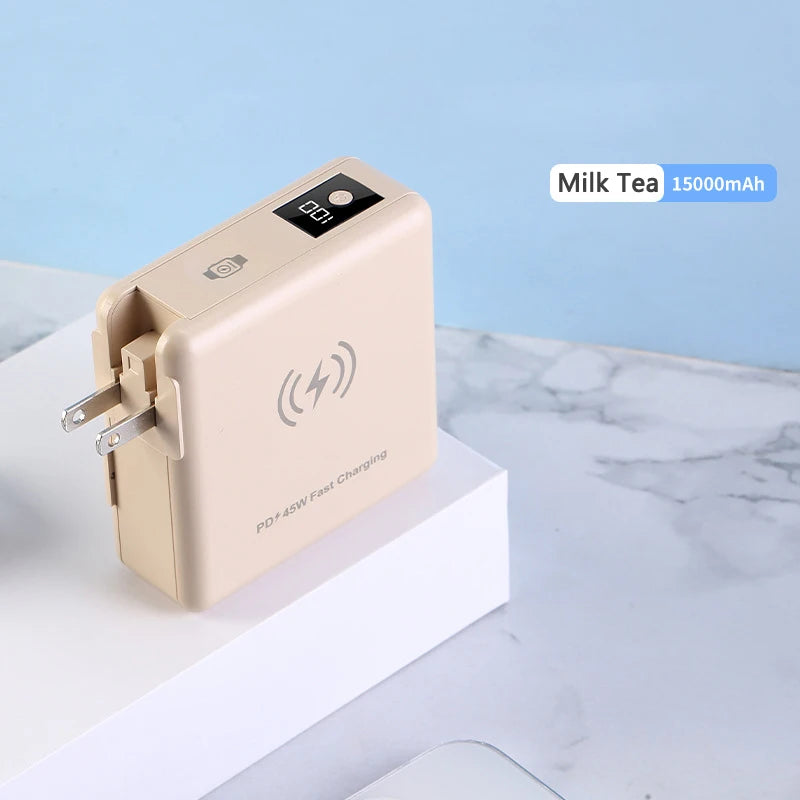 15000mAh Magnetic Wireless Power Bank with Cable AC Plug Wall Charger PD 45W Fast Charger For iPhone 16 iWatch Laptop Powerbank