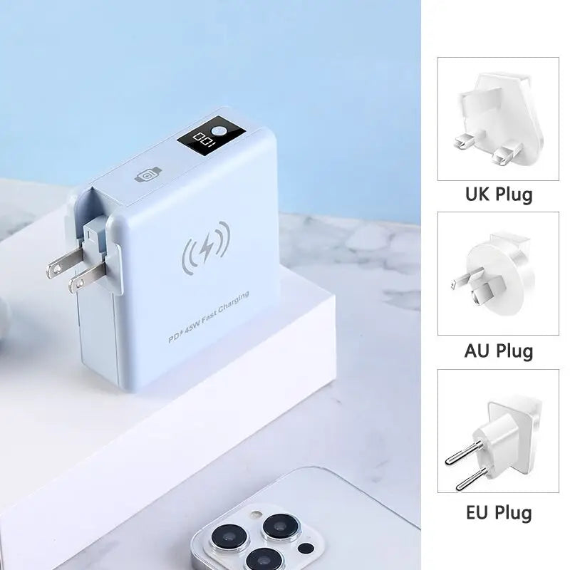 15000mAh Magnetic Wireless Power Bank with Cable AC Plug Wall Charger PD 45W Fast Charger For iPhone 16 iWatch Laptop Powerbank