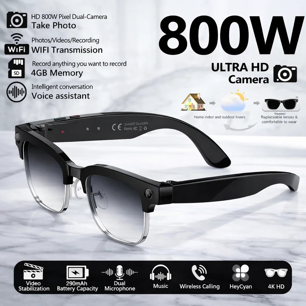 2026New Smart Glasses with 800W Pixel Camera  AI Photo Recognition Call Voice Translation Video Recording Sunglasses Men & Women