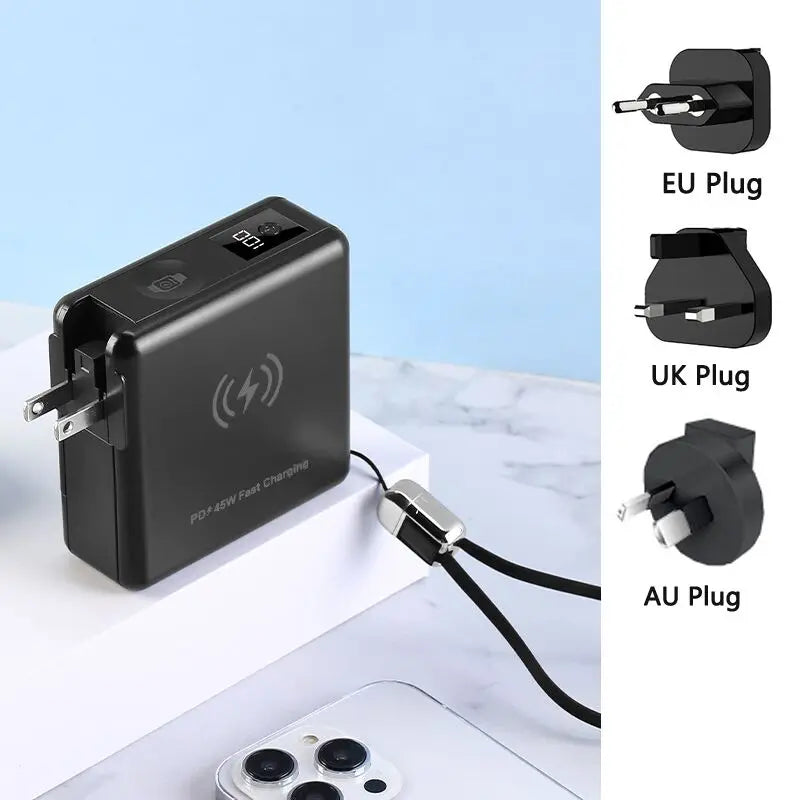 15000mAh Magnetic Wireless Power Bank with Cable AC Plug Wall Charger PD 45W Fast Charger For iPhone 16 iWatch Laptop Powerbank