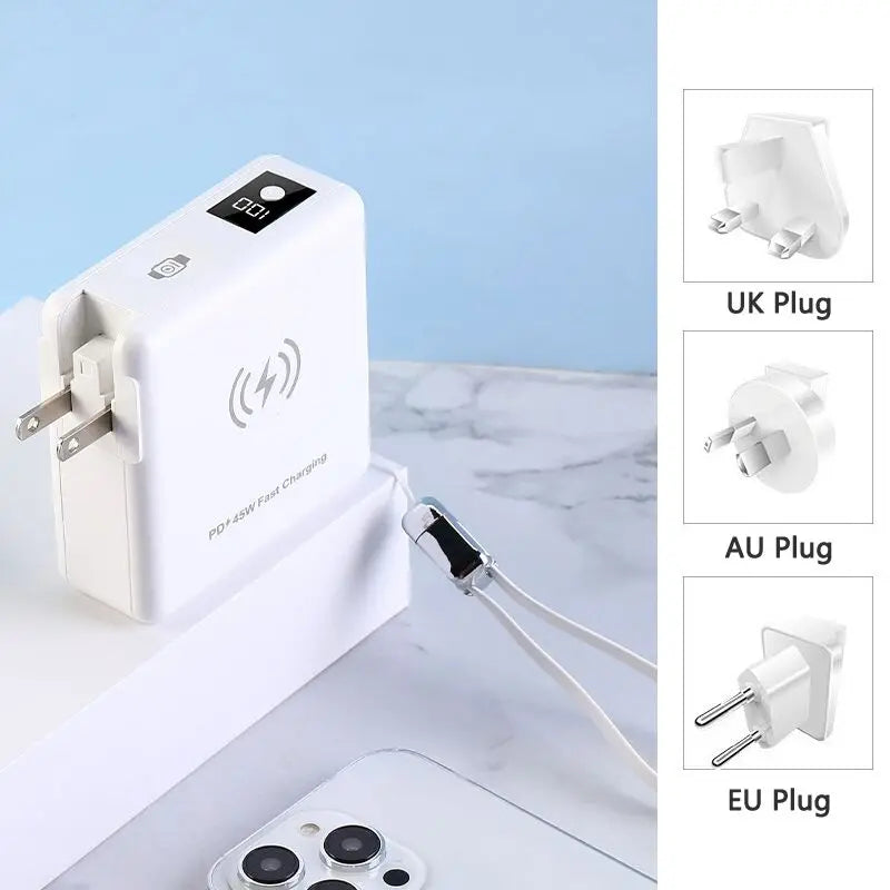 15000mAh Magnetic Wireless Power Bank with Cable AC Plug Wall Charger PD 45W Fast Charger For iPhone 16 iWatch Laptop Powerbank