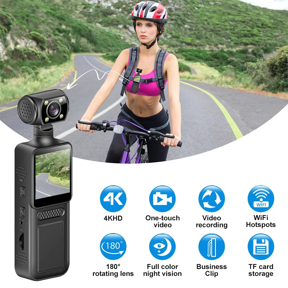 Action Camera 180° Rotatable Lens 4K Ultra HD WiFi Sports Camera Infrared Night Vision Vlog Bicycle Motorcycle Driving Recorder