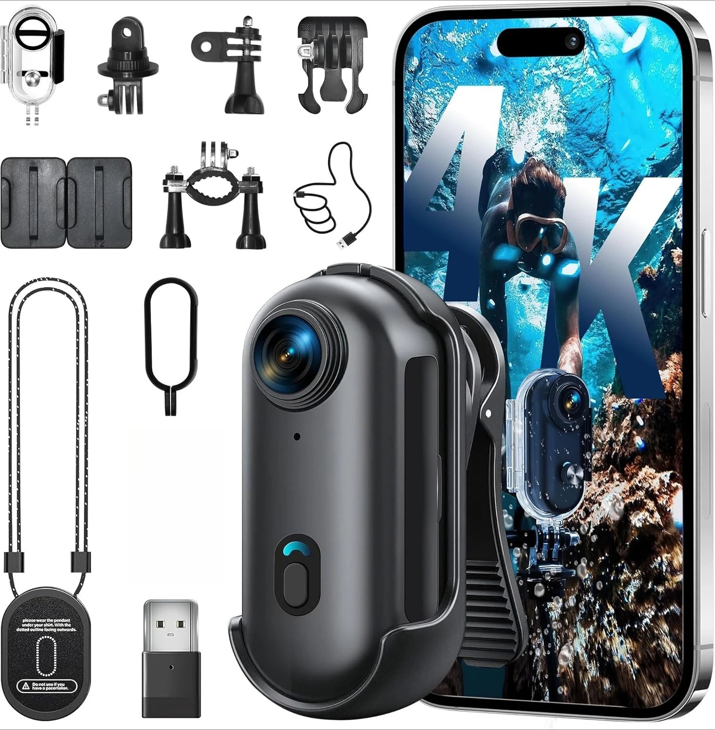 4K body camera: portable thumb-sized action cam, mountable anywhere for work, travel, fishing, pet walks.
