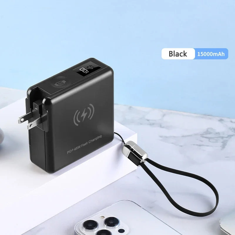 15000mAh Magnetic Wireless Power Bank with Cable AC Plug Wall Charger PD 45W Fast Charger For iPhone 16 iWatch Laptop Powerbank
