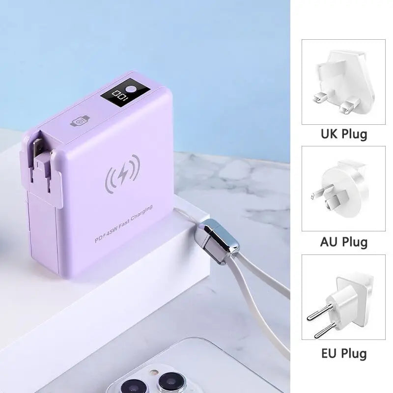 15000mAh Magnetic Wireless Power Bank with Cable AC Plug Wall Charger PD 45W Fast Charger For iPhone 16 iWatch Laptop Powerbank