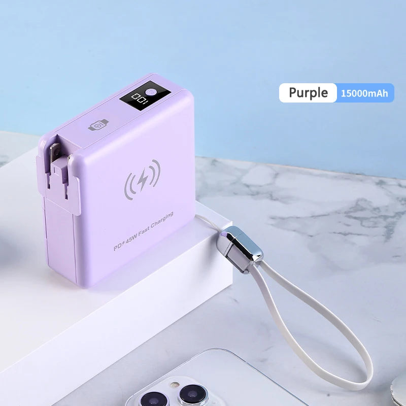 15000mAh Magnetic Wireless Power Bank with Cable AC Plug Wall Charger PD 45W Fast Charger For iPhone 16 iWatch Laptop Powerbank