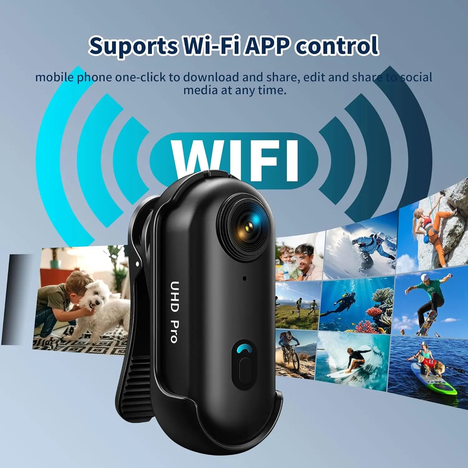 4K body camera: portable thumb-sized action cam, mountable anywhere for work, travel, fishing, pet walks.