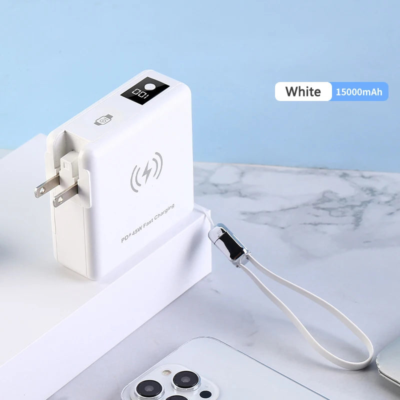 15000mAh Magnetic Wireless Power Bank with Cable AC Plug Wall Charger PD 45W Fast Charger For iPhone 16 iWatch Laptop Powerbank