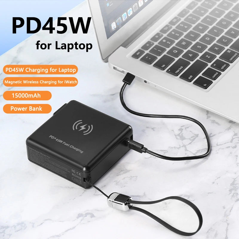 15000mAh Magnetic Wireless Power Bank with Cable AC Plug Wall Charger PD 45W Fast Charger For iPhone 16 iWatch Laptop Powerbank