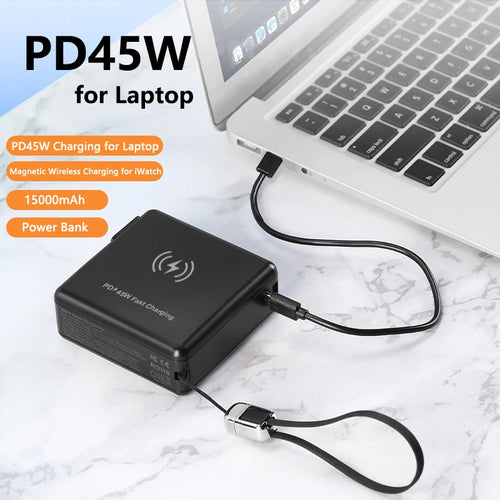 15000mAh Magnetic Wireless Power Bank with Cable AC Plug Wall Charger PD 45W Fast Charger For iPhone 16 iWatch Laptop Powerbank