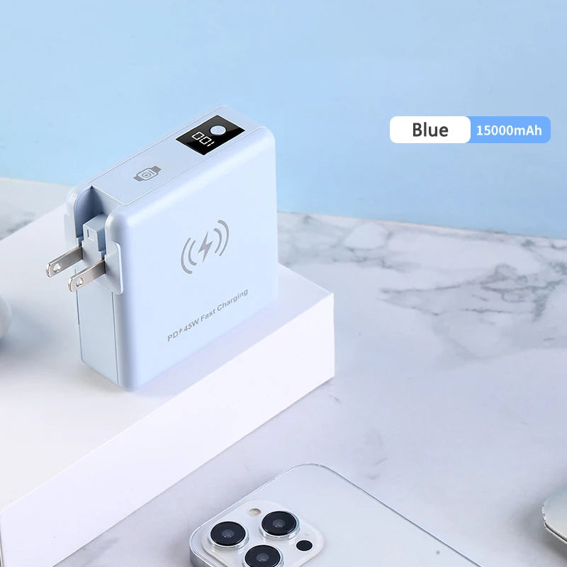 15000mAh Magnetic Wireless Power Bank with Cable AC Plug Wall Charger PD 45W Fast Charger For iPhone 16 iWatch Laptop Powerbank
