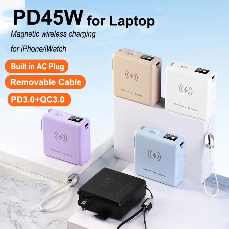 15000mAh Magnetic Wireless Power Bank with Cable AC Plug Wall Charger PD 45W Fast Charger For iPhone 16 iWatch Laptop Powerbank